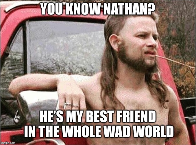 I can honestly say I’ve heard this pronunciation of “wide” from a few of my southern friends. | YOU KNOW NATHAN? HE’S MY BEST FRIEND IN THE WHOLE WAD WORLD | image tagged in redneck | made w/ Imgflip meme maker
