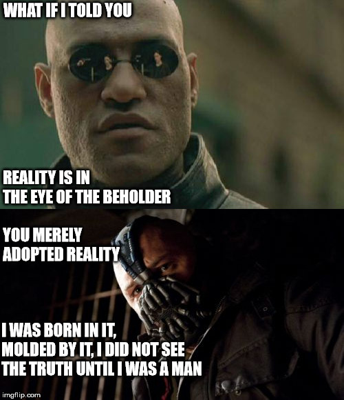 vel ignorantia sapientiae | WHAT IF I TOLD YOU; REALITY IS IN THE EYE OF THE BEHOLDER; YOU MERELY ADOPTED REALITY; I WAS BORN IN IT, MOLDED BY IT, I DID NOT SEE THE TRUTH UNTIL I WAS A MAN | image tagged in memes,philosophy | made w/ Imgflip meme maker