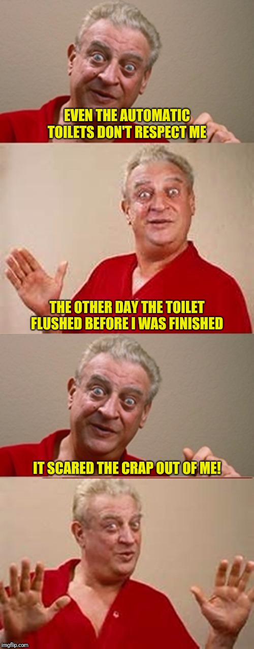 Mission accomplished! | EVEN THE AUTOMATIC TOILETS DON'T RESPECT ME; THE OTHER DAY THE TOILET FLUSHED BEFORE I WAS FINISHED; IT SCARED THE CRAP OUT OF ME! | image tagged in bad pun rodney dangerfield,automatic toilet | made w/ Imgflip meme maker