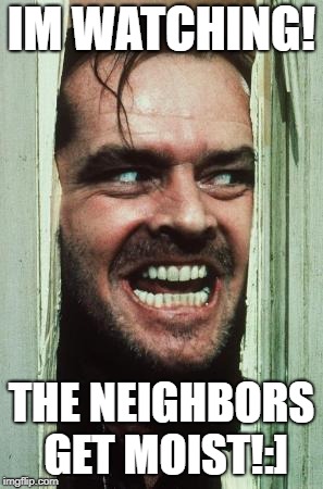 Here's Johnny | IM WATCHING! THE NEIGHBORS GET MOIST!:] | image tagged in memes,heres johnny | made w/ Imgflip meme maker