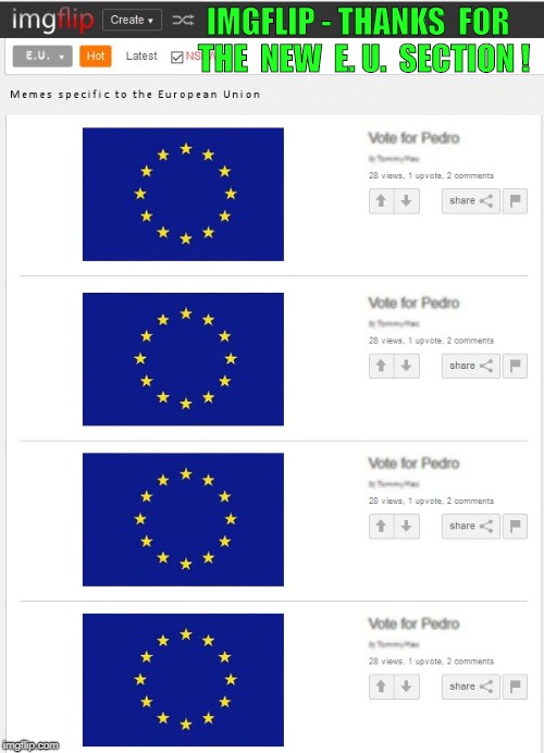 YAY!  AN E.U. MEMES SECTION !!! | IMGFLIP - THANKS  FOR  THE  NEW  E. U.  SECTION ! | image tagged in imgflip e u section,european union,memes,political meme | made w/ Imgflip meme maker