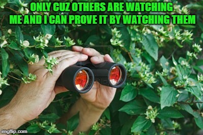 Creepy Guy in the bushes with Binoculars  | ONLY CUZ OTHERS ARE WATCHING ME AND I CAN PROVE IT BY WATCHING THEM | image tagged in creepy guy in the bushes with binoculars | made w/ Imgflip meme maker