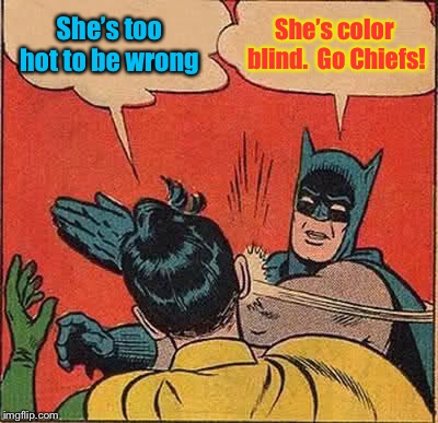 Batman Slapping Robin Meme | She’s too hot to be wrong She’s color blind.  Go Chiefs! | image tagged in memes,batman slapping robin | made w/ Imgflip meme maker