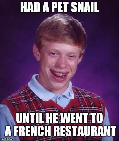 Bad Luck Brian | HAD A PET SNAIL; UNTIL HE WENT TO A FRENCH RESTAURANT | image tagged in memes,bad luck brian,funny,repost,44colt,food | made w/ Imgflip meme maker