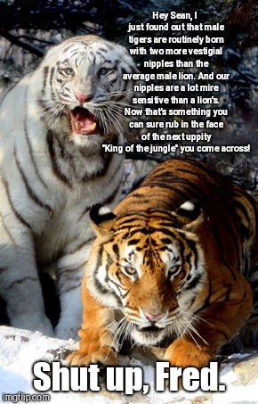 Shut up already, Fred | Hey Sean, I just found out that male tigers are routinely born with two more vestigial nipples than the average male lion. And our nipples are a lot mire sensitive than a lion's. Now that's something you can sure rub in the face of the next uppity "King of the jungle" you come across! Shut up, Fred. | image tagged in shut up already fred | made w/ Imgflip meme maker
