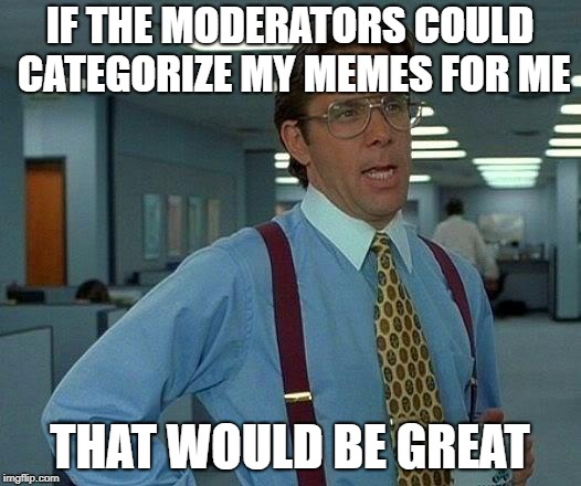 That Would Be Great Meme | IF THE MODERATORS COULD CATEGORIZE MY MEMES FOR ME; THAT WOULD BE GREAT | image tagged in memes,that would be great | made w/ Imgflip meme maker