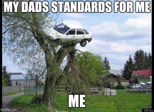 Secure Parking Meme | MY DADS STANDARDS FOR ME; ME | image tagged in memes,secure parking | made w/ Imgflip meme maker
