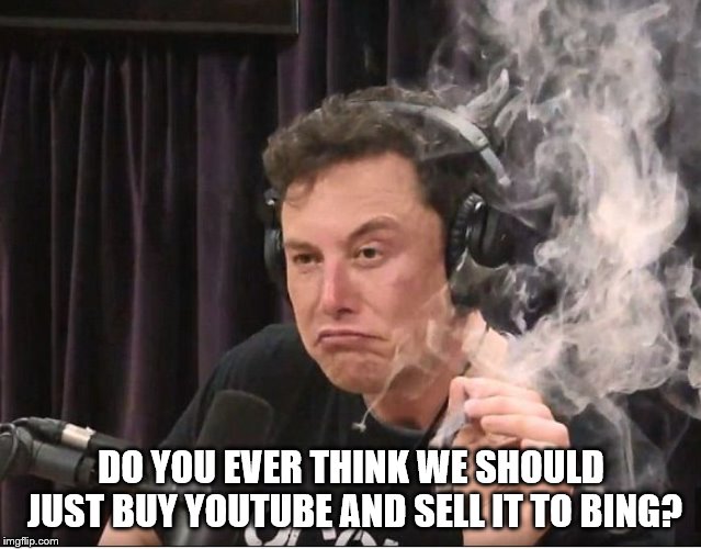 Elon Musk smoking a joint | DO YOU EVER THINK WE SHOULD JUST BUY YOUTUBE AND SELL IT TO BING? | image tagged in elon musk smoking a joint | made w/ Imgflip meme maker