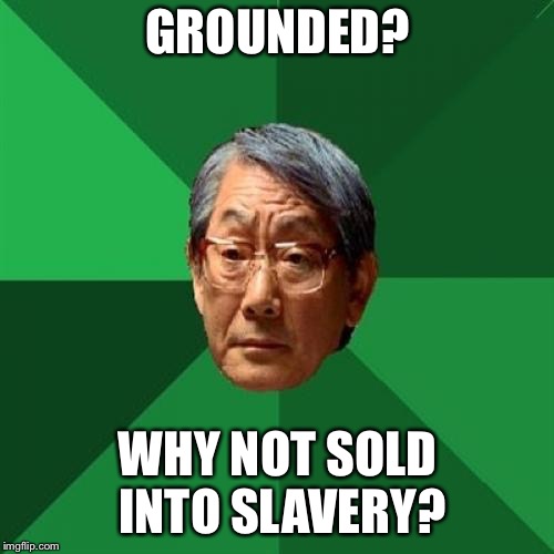 High Expectations Asian Father Meme | GROUNDED? WHY NOT SOLD INTO SLAVERY? | image tagged in memes,high expectations asian father | made w/ Imgflip meme maker