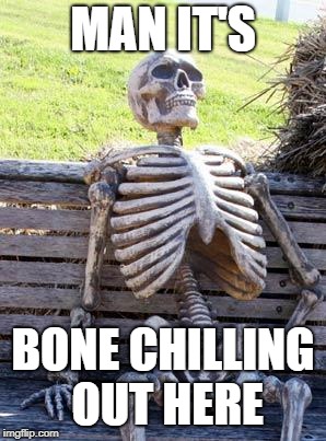 Waiting Skeleton Meme | MAN IT'S; BONE CHILLING OUT HERE | image tagged in memes,waiting skeleton | made w/ Imgflip meme maker