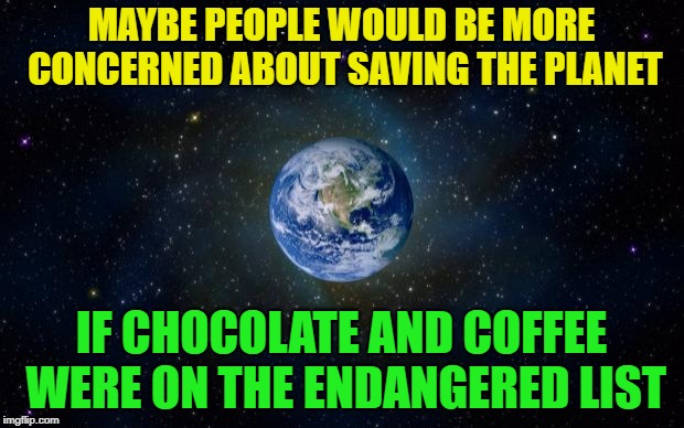 Save The Planet | MAYBE PEOPLE WOULD BE MORE CONCERNED ABOUT SAVING THE PLANET; IF CHOCOLATE AND COFFEE WERE ON THE ENDANGERED LIST | image tagged in planet earth from space,memes,funny,repost | made w/ Imgflip meme maker