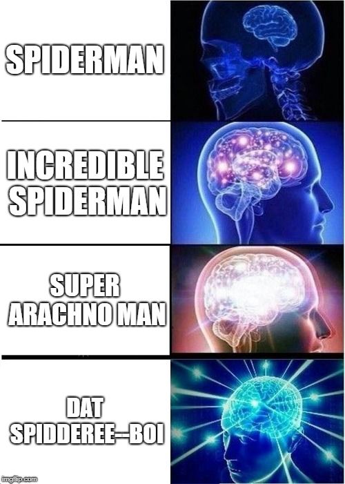 Expanding Brain | SPIDERMAN; INCREDIBLE SPIDERMAN; SUPER ARACHNO MAN; DAT SPIDDEREE--BOI | image tagged in memes,expanding brain | made w/ Imgflip meme maker