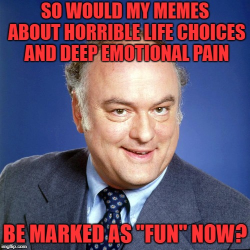 gordon jump | SO WOULD MY MEMES ABOUT HORRIBLE LIFE CHOICES AND DEEP EMOTIONAL PAIN; BE MARKED AS "FUN" NOW? | image tagged in gordon jump | made w/ Imgflip meme maker