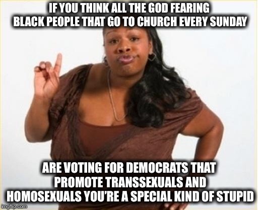 angry black women | IF YOU THINK ALL THE GOD FEARING BLACK PEOPLE THAT GO TO CHURCH EVERY SUNDAY; ARE VOTING FOR DEMOCRATS THAT PROMOTE TRANSSEXUALS AND HOMOSEXUALS YOU’RE A SPECIAL KIND OF STUPID | image tagged in angry black women | made w/ Imgflip meme maker