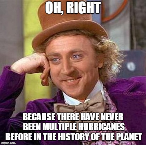 Creepy Condescending Wonka Meme | OH, RIGHT BECAUSE THERE HAVE NEVER BEEN MULTIPLE HURRICANES BEFORE IN THE HISTORY OF THE PLANET | image tagged in memes,creepy condescending wonka | made w/ Imgflip meme maker