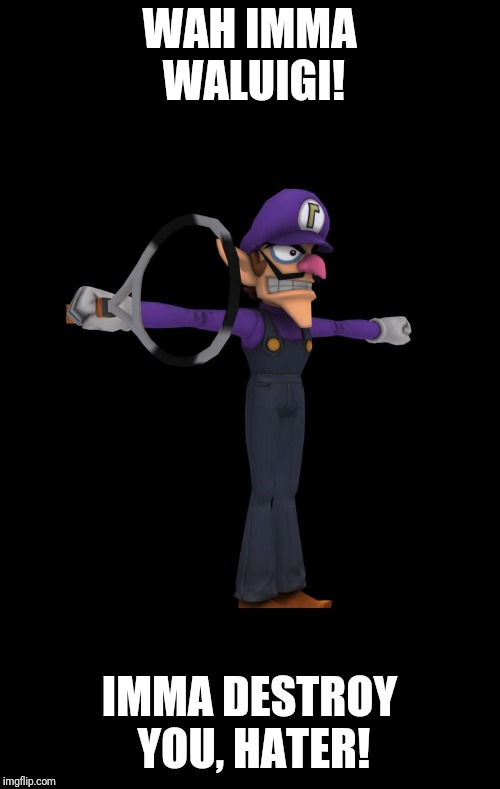 T Pose Waluigi | WAH IMMA WALUIGI! IMMA DESTROY YOU, HATER! | image tagged in t pose waluigi | made w/ Imgflip meme maker