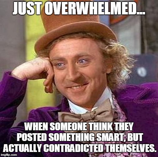 Creepy Condescending Wonka Meme | JUST OVERWHELMED... WHEN SOMEONE THINK THEY POSTED SOMETHING SMART, BUT ACTUALLY CONTRADICTED THEMSELVES. | image tagged in memes,creepy condescending wonka | made w/ Imgflip meme maker