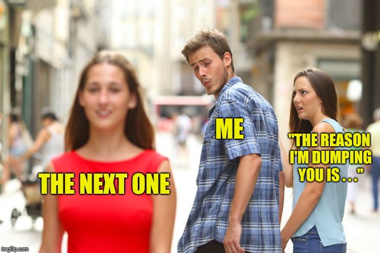 Distracted Boyfriend Meme | THE NEXT ONE ME "THE REASON I'M DUMPING YOU IS . . ." | image tagged in memes,distracted boyfriend | made w/ Imgflip meme maker
