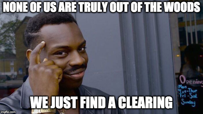 Roll Safe Think About It Meme | NONE OF US ARE TRULY OUT OF THE WOODS; WE JUST FIND A CLEARING | image tagged in memes,roll safe think about it | made w/ Imgflip meme maker