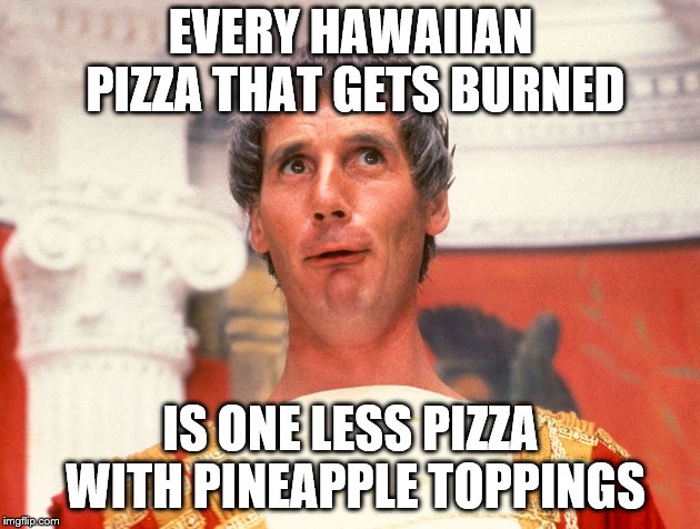 Life of Brian | EVERY HAWAIIAN PIZZA THAT GETS BURNED IS ONE LESS PIZZA WITH PINEAPPLE TOPPINGS | image tagged in life of brian | made w/ Imgflip meme maker