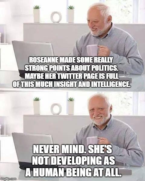 Hide the Pain Harold Meme | ROSEANNE MADE SOME REALLY STRONG POINTS ABOUT POLITICS. MAYBE HER TWITTER PAGE IS FULL OF THIS MUCH INSIGHT AND INTELLIGENCE. NEVER MIND. SHE'S NOT DEVELOPING AS A HUMAN BEING AT ALL. | image tagged in memes,hide the pain harold | made w/ Imgflip meme maker