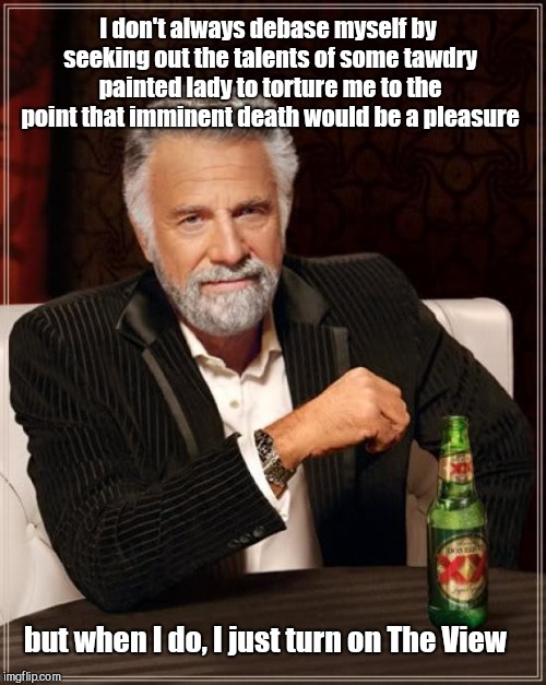 The Most Interesting Man In The World Meme | I don't always debase myself by seeking out the talents of some tawdry painted lady to torture me to the point that imminent death would be a pleasure; but when I do, I just turn on The View | image tagged in memes,the most interesting man in the world | made w/ Imgflip meme maker