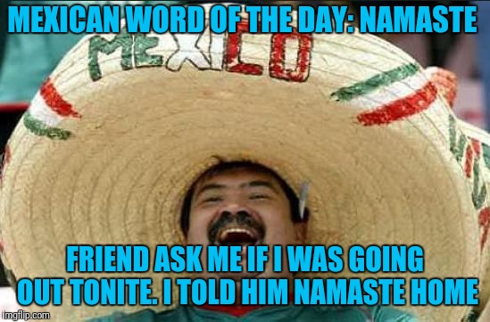 mexican word of the day | MEXICAN WORD OF THE DAY: NAMASTE; FRIEND ASK ME IF I WAS GOING OUT TONITE. I TOLD HIM NAMASTE HOME | image tagged in mexican word of the day | made w/ Imgflip meme maker