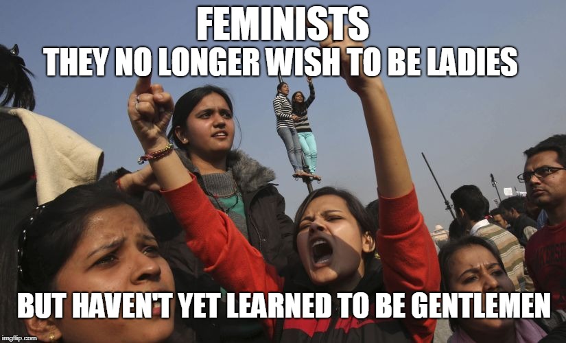 This Is A Problem, Ladies! | FEMINISTS; THEY NO LONGER WISH TO BE LADIES; BUT HAVEN'T YET LEARNED TO BE GENTLEMEN | image tagged in angry feminist,gentlemen,ladies | made w/ Imgflip meme maker