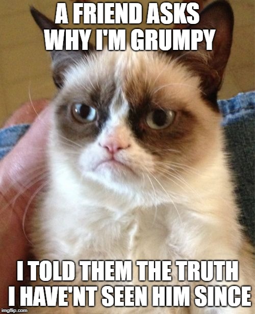 Grumpy Cat | A FRIEND ASKS WHY I'M GRUMPY; I TOLD THEM THE TRUTH I HAVE'NT SEEN HIM SINCE | image tagged in memes,grumpy cat | made w/ Imgflip meme maker