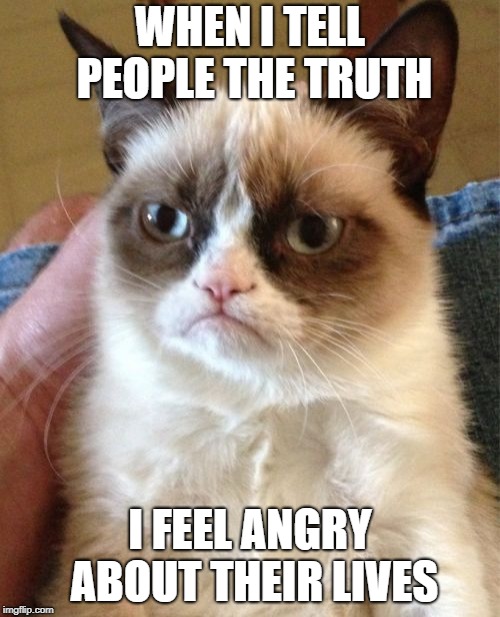 Grumpy Cat | WHEN I TELL PEOPLE THE TRUTH; I FEEL ANGRY ABOUT THEIR LIVES | image tagged in memes,grumpy cat | made w/ Imgflip meme maker
