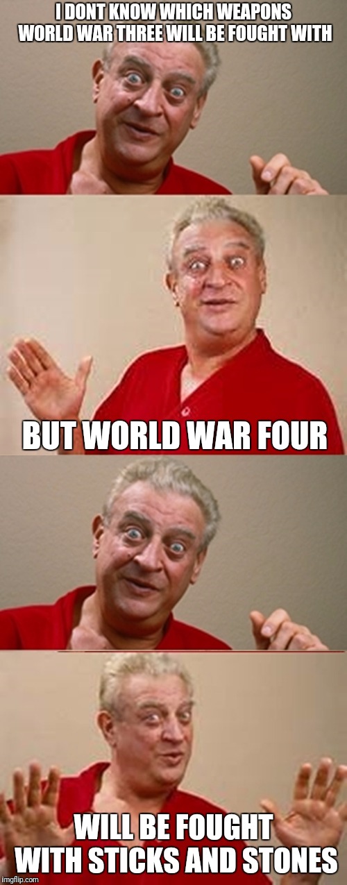 Bad Pun Rodney Dangerfield | I DONT KNOW WHICH WEAPONS WORLD WAR THREE WILL BE FOUGHT WITH WILL BE FOUGHT WITH STICKS AND STONES BUT WORLD WAR FOUR | image tagged in bad pun rodney dangerfield | made w/ Imgflip meme maker
