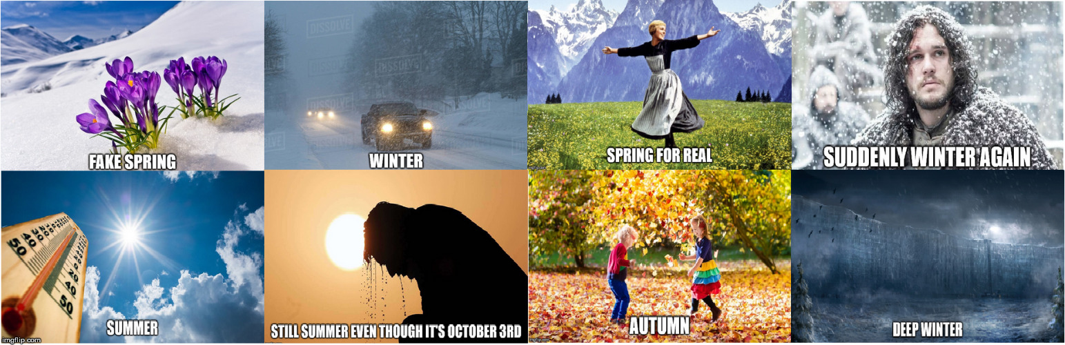 Seasons in Virginia | image tagged in winter,summer,weather,game of thrones,autumn,seasons | made w/ Imgflip meme maker