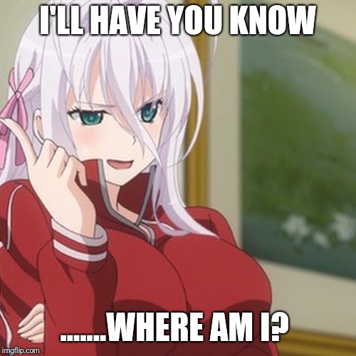 Drunk Rossweisse | I'LL HAVE YOU KNOW; .......WHERE AM I? | image tagged in drunk rossweisse,highschool dxd | made w/ Imgflip meme maker