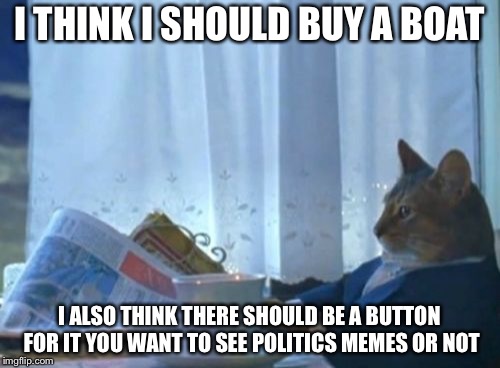 I Should Buy A Boat Cat Meme | I THINK I SHOULD BUY A BOAT; I ALSO THINK THERE SHOULD BE A BUTTON FOR IT YOU WANT TO SEE POLITICS MEMES OR NOT | image tagged in memes,i should buy a boat cat | made w/ Imgflip meme maker
