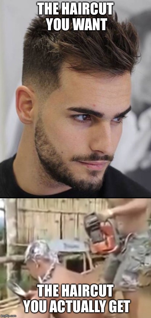 The haircut you want the haircut you actually get | THE HAIRCUT YOU WANT; THE HAIRCUT YOU ACTUALLY GET | image tagged in funny haircut,chainsaw | made w/ Imgflip meme maker