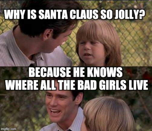 Always tell them the truth | WHY IS SANTA CLAUS SO JOLLY? BECAUSE HE KNOWS WHERE ALL THE BAD GIRLS LIVE | image tagged in memes,thats just something x say | made w/ Imgflip meme maker