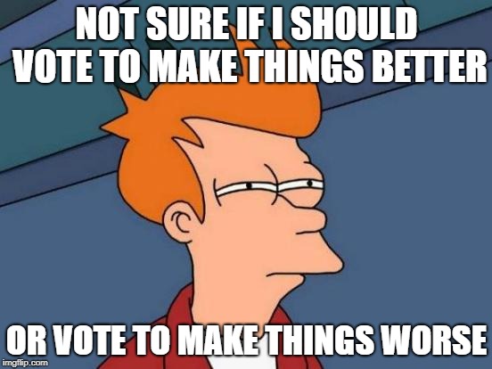 Futurama Fry | NOT SURE IF I SHOULD VOTE TO MAKE THINGS BETTER; OR VOTE TO MAKE THINGS WORSE | image tagged in memes,futurama fry | made w/ Imgflip meme maker