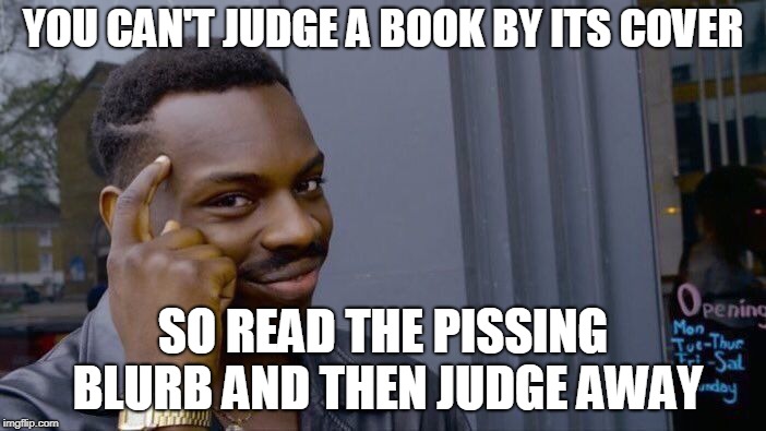 Blurb = back of book that describes the story in case you didn't know | YOU CAN'T JUDGE A BOOK BY ITS COVER; SO READ THE PISSING BLURB AND THEN JUDGE AWAY | image tagged in memes,roll safe think about it | made w/ Imgflip meme maker