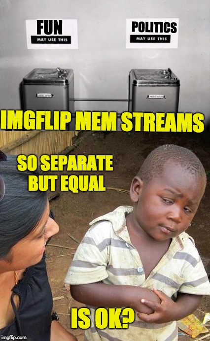 Let's segregate | FUN; POLITICS; IMGFLIP MEM STREAMS; SO SEPARATE BUT EQUAL; IS OK? | image tagged in segregation | made w/ Imgflip meme maker