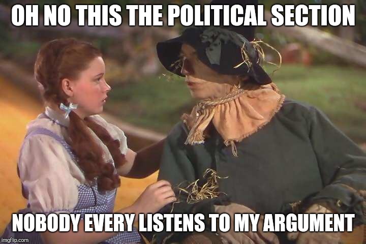 Straw man | OH NO THIS THE POLITICAL SECTION; NOBODY EVERY LISTENS TO MY ARGUMENT | image tagged in dorothy and scarecrow | made w/ Imgflip meme maker