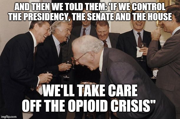 Old Men laughing | AND THEN WE TOLD THEM: 'IF WE CONTROL THE PRESIDENCY, THE SENATE AND THE HOUSE; WE'LL TAKE CARE OFF THE OPIOID CRISIS" | image tagged in old men laughing | made w/ Imgflip meme maker