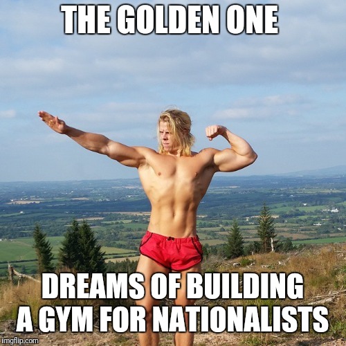The Golden One | THE GOLDEN ONE; DREAMS OF BUILDING A GYM FOR NATIONALISTS | image tagged in the golden one | made w/ Imgflip meme maker