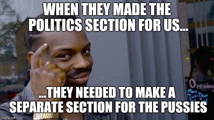 Roll Safe Think About It Meme | WHEN THEY MADE THE POLITICS SECTION FOR US... ...THEY NEEDED TO MAKE A SEPARATE SECTION FOR THE PUSSIES | image tagged in memes,roll safe think about it | made w/ Imgflip meme maker