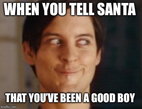 Spiderman Peter Parker | WHEN YOU TELL SANTA; THAT YOU’VE BEEN A GOOD BOY | image tagged in memes,spiderman peter parker | made w/ Imgflip meme maker