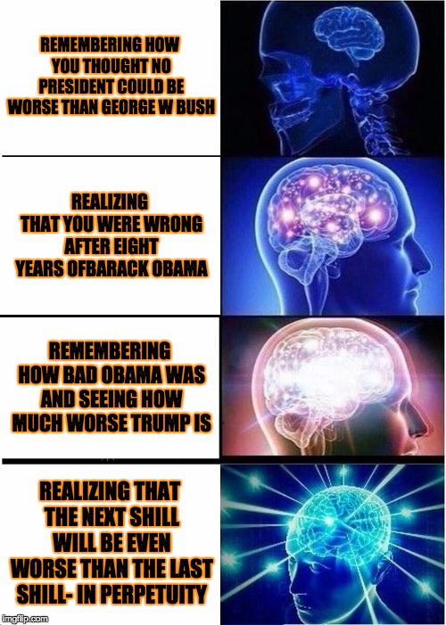 Expanding Brain | REMEMBERING HOW YOU THOUGHT NO PRESIDENT COULD BE WORSE THAN GEORGE W BUSH; REALIZING THAT YOU WERE WRONG AFTER EIGHT YEARS OFBARACK OBAMA; REMEMBERING HOW BAD OBAMA WAS AND SEEING HOW MUCH WORSE TRUMP IS; REALIZING THAT THE NEXT SHILL WILL BE EVEN WORSE THAN THE LAST SHILL- IN PERPETUITY | image tagged in memes,expanding brain | made w/ Imgflip meme maker