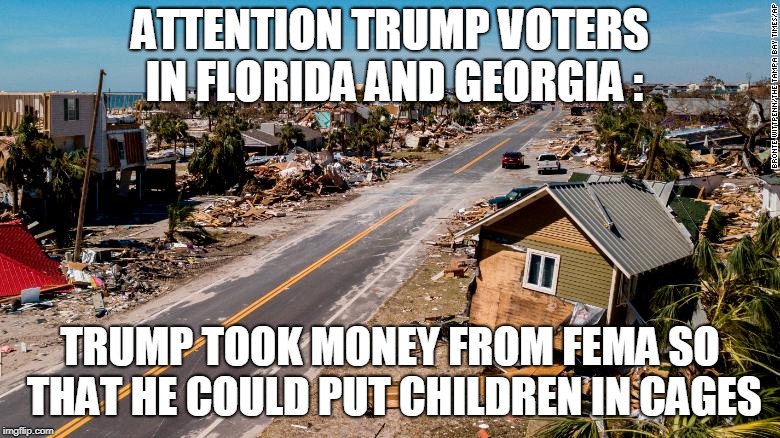 ATTENTION TRUMP VOTERS IN FLORIDA AND GEORGIA :; TRUMP TOOK MONEY FROM FEMA SO THAT HE COULD PUT CHILDREN IN CAGES | image tagged in trump,hurricane michael | made w/ Imgflip meme maker