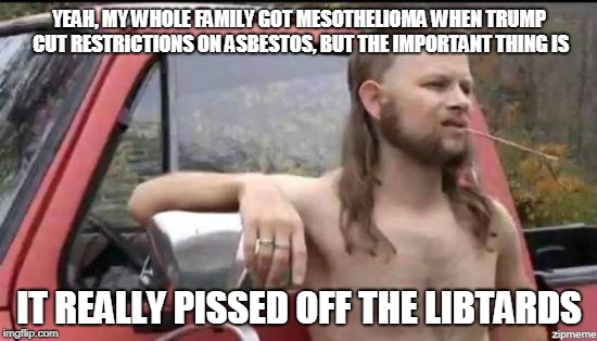 almost politically correct redneck | YEAH, MY WHOLE FAMILY GOT MESOTHELIOMA WHEN TRUMP CUT RESTRICTIONS ON ASBESTOS, BUT THE IMPORTANT THING IS; IT REALLY PISSED OFF THE LIBTARDS | image tagged in trump,asbestos | made w/ Imgflip meme maker