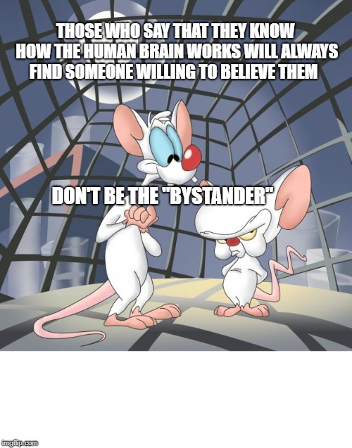 Pinky and the brain | THOSE WHO SAY THAT THEY KNOW HOW THE HUMAN BRAIN WORKS WILL ALWAYS FIND SOMEONE WILLING TO BELIEVE THEM; DON'T BE THE "BYSTANDER" | image tagged in pinky and the brain | made w/ Imgflip meme maker