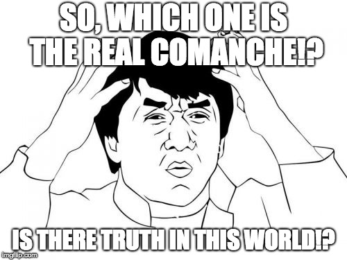 Comm 225 Assignment | SO, WHICH ONE IS THE REAL COMANCHE!? IS THERE TRUTH IN THIS WORLD!? | image tagged in memes,jackie chan wtf | made w/ Imgflip meme maker