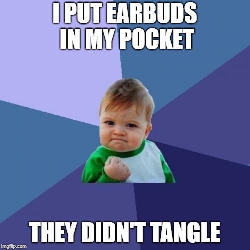 success with earbuds | I PUT EARBUDS IN MY POCKET; THEY DIDN'T TANGLE | image tagged in memes,success kid,earbuds,world problems,pocket | made w/ Imgflip meme maker
